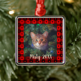 かわいいバッファロープレイドハートカスタム猫ペットクリスマス メタルオーナメント
