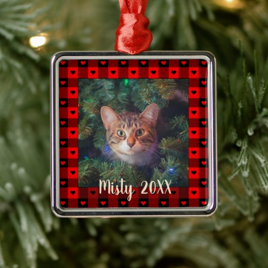 かわいいバッファロープレイドハートカスタム猫ペットクリスマス メタルオーナメント (ツリー)