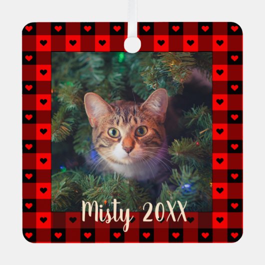 かわいいバッファロープレイドハートカスタム猫ペットクリスマス メタルオーナメント (正面)