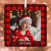 かわいいバッファロープレイドハートパーソナライズされたクリスマス メタルオーナメント