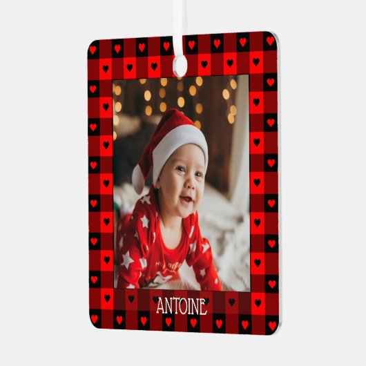 かわいいバッファロープレイドハートパーソナライズされたクリスマス メタルオーナメント (正面左)