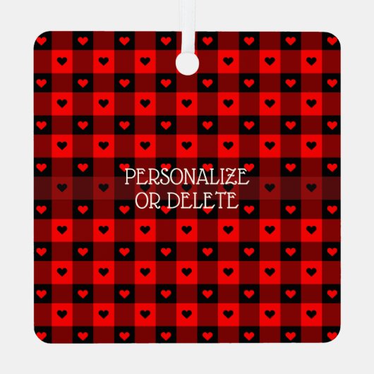 かわいいバッファロープレイドハートパーソナライズされたクリスマス メタルオーナメント (裏面)