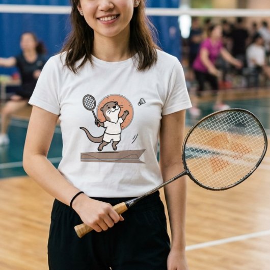 かわいいバドミントンするカワウソ トライブレンドTシャツ