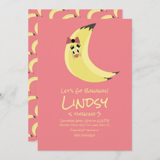 かわいいバナナピンクの女の子の誕生日パーティー招待状 招待状 (正面/裏面)