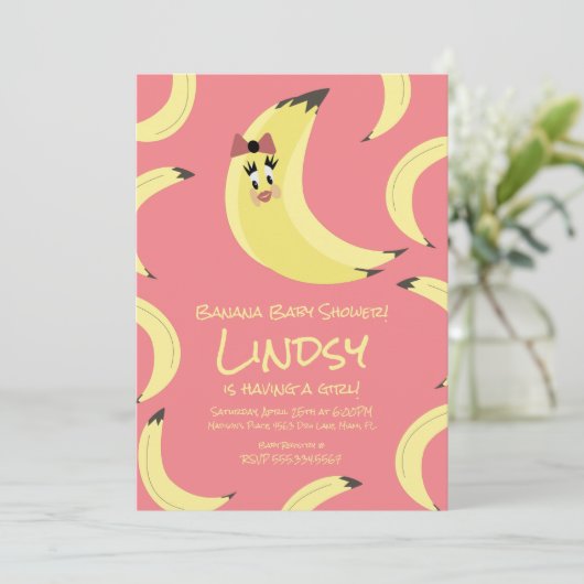 かわいいバナナピンクガールズベビーシャワー招待状 招待状 (スタンド正面)