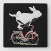 かわいいバニーうさぎオンバイクサイクリング自転車 スクエア壁時計 (正面)