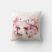 かわいいバニーおよび花を持つ美しい日本製アニメの女の子 クッション (正面)