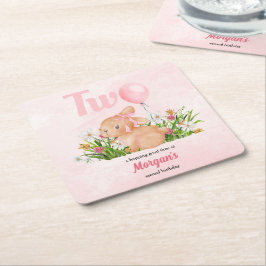 かわいいバニーがピンクの女の子2歳の誕生日を飾る スクエアペーパーコースター