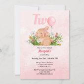 かわいいバニーがピンクの女の子2歳の誕生日を飾る 招待状 (正面)