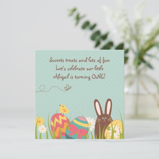 かわいいバニーとイースターエッグ1st誕生日招待状 招待状 (スタンド正面)