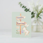 かわいいバニーとエッグハッピーイースターオンパステルグリーン ポストカード (スタンド正面)
