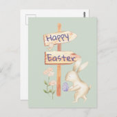 かわいいバニーとエッグハッピーイースターオンパステルグリーン ポストカード (正面/裏面)