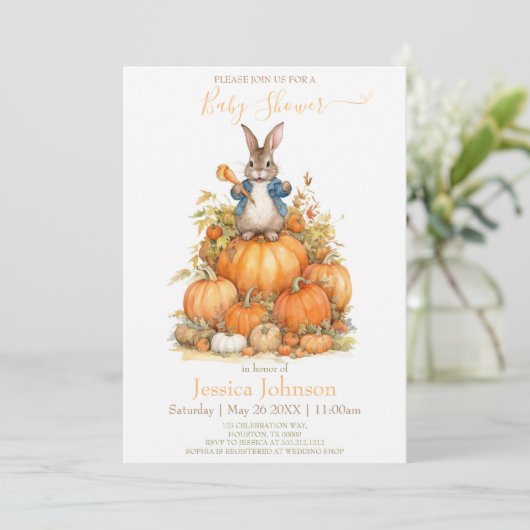 かわいいバニーとカボチャの秋ベビーシャワー 招待状 (スタンド正面)