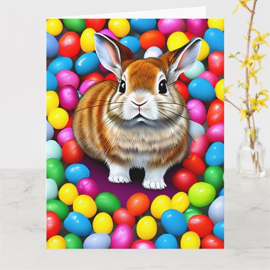 かわいいバニーとジェリービーンズのハッピーイースター挨拶 カード (黄色い花)