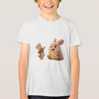 かわいいバニーとトップハット付き鳥 トライブレンドＴシャツ