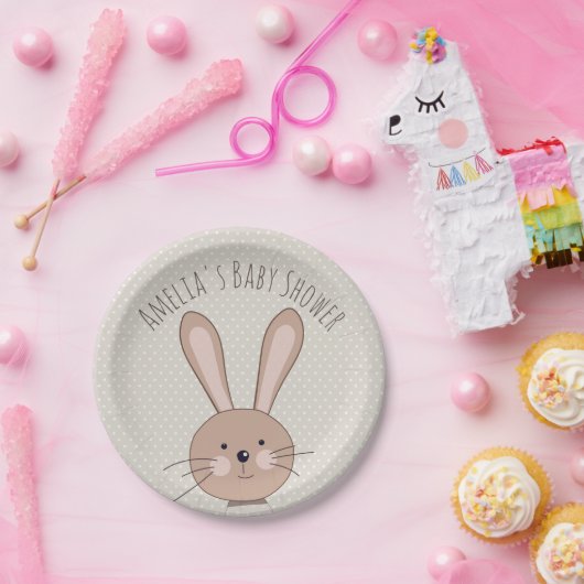 かわいいバニーとドットカスタムの赤ちゃんシャワー ペーパープレート (パーティー)