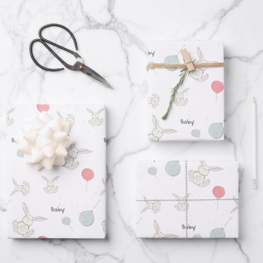 かわいいバニーとバルーンベビー ラッピングペーパーシート (正面)