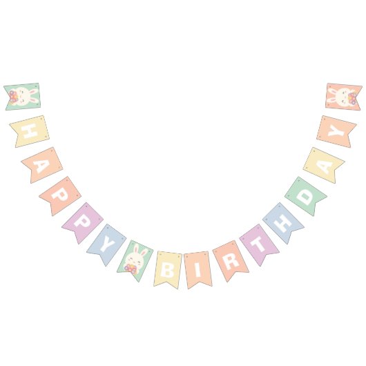 かわいいバニーとフラワーレインボーハッピーバースデー バンティングフラッグ (全)