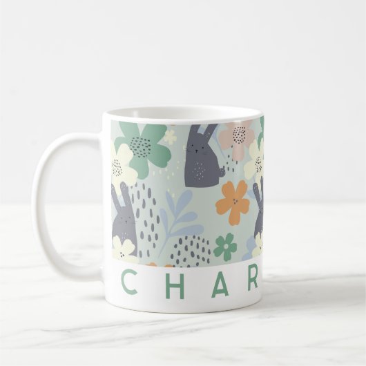 かわいいバニーとフローラパーソナライズされたマグカップ | カスタム コーヒーマグカップ (左)