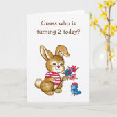 かわいいバニーとブルーバードキッズ第2誕生日カード カード (黄色い花)