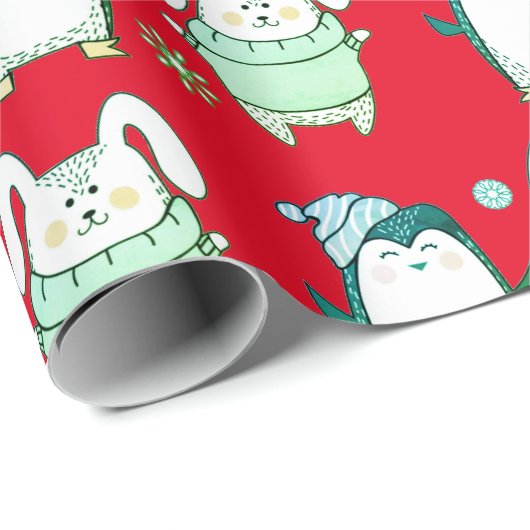 かわいいバニーとペンギン赤いクリスマスギフトラッピング ラッピングペーパー (ロールコーナー)