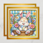かわいいバニーと卵とフローラのハッピーイースター シーズンカード (正面/裏面)