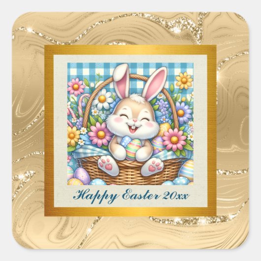 かわいいバニーと卵とフローラのハッピーイースター スクエアシール (正面)