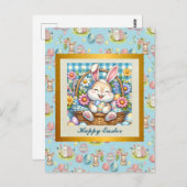 かわいいバニーと卵とフローラのハッピーイースター ポストカード (正面/裏面)