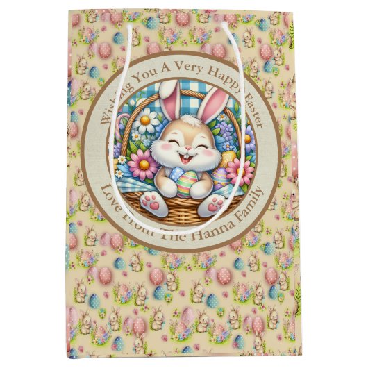 かわいいバニーと卵とフローラのハッピーイースター ミディアムペーパーバッグ (正面)