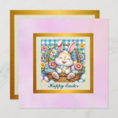 かわいいバニーと卵とフローラのハッピーイースター 招待状 (正面/裏面)