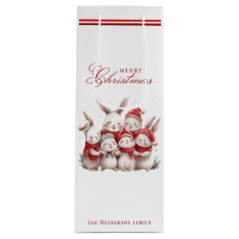 かわいいバニーと名前をカスタムするメリークリスマスホワイト ワインギフトバッグ