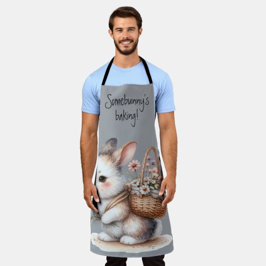 かわいいバニーと花ウォーターカラーアート エプロン (着用した状態)