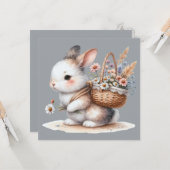 かわいいバニーと花ウォーターカラーアート カード (正面/裏面インサイチュ)