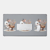 かわいいバニーと花ウォーターカラーアート デスクマット (キーボード&マウス)