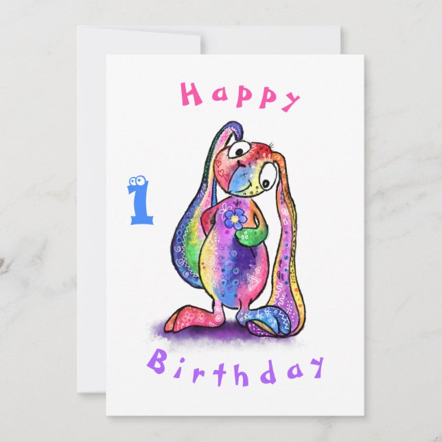 かわいいバニーと花ベビー誕生日カード (正面)