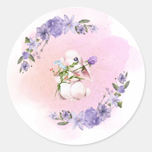 かわいいバニーと花 ラウンドシール (正面)