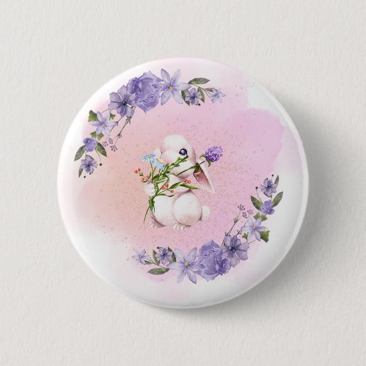 かわいいバニーと花 缶バッジ (正面)