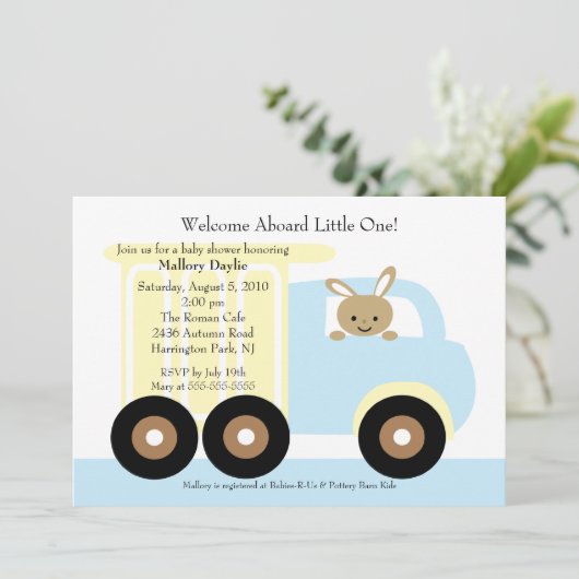 かわいいバニーのトラックの男の子のベビーシャワーの招待状 招待状 (スタンド正面)