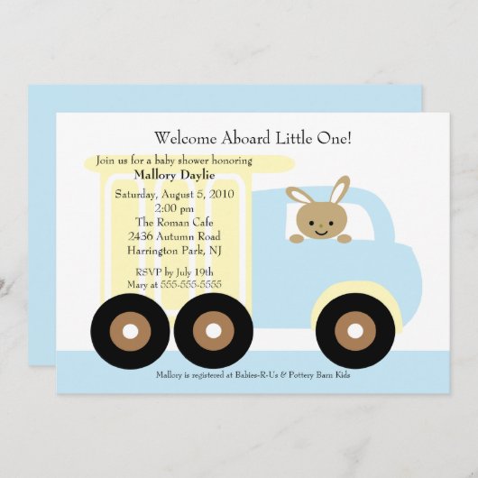 かわいいバニーのトラックの男の子のベビーシャワーの招待状 招待状 (正面/裏面)