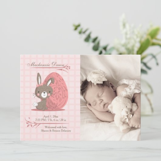 かわいいバニーの写真の誕生の発表 案内状 (スタンド正面)