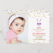 かわいいバニーの女の子の写真1 ST誕生日 招待状 (正面/裏面)