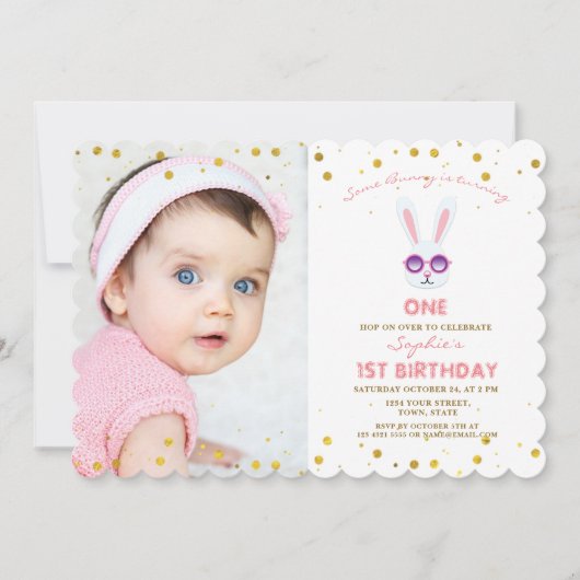 かわいいバニーの女の子の写真1 ST誕生日 招待状 (正面)