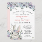 かわいいバニーの水彩フローラピンク赤ちゃんシャワー 招待状 (正面/裏面)