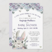 かわいいバニーの水彩フローラ紫色の赤ちゃんシャワー 招待状 (正面/裏面)