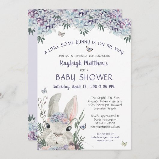 かわいいバニーの水彩フローラ紫色の赤ちゃんシャワー 招待状 (正面/裏面)