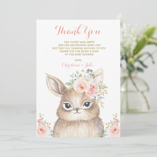 かわいいバニーの赤面のピンクの金ゴールドの花のベビーシャワー サンキューカード (スタンド正面)