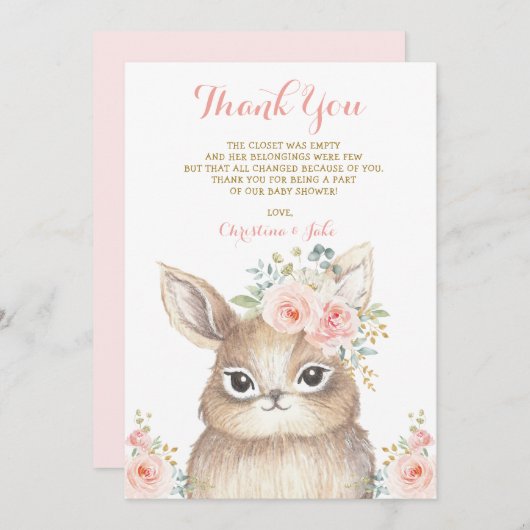 かわいいバニーの赤面のピンクの金ゴールドの花のベビーシャワー サンキューカード (正面/裏面)