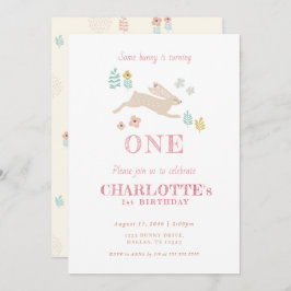 かわいいバニーイエローフローラキッドガールファースト誕生日 招待状