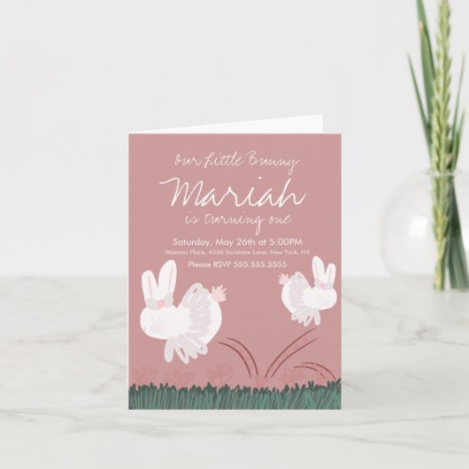 かわいいバニーイースター1st誕生日ハンドドロードクラフト 招待状 (正面)