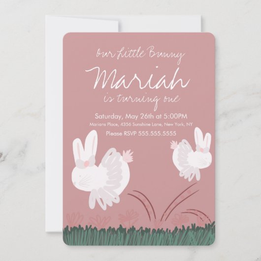 かわいいバニーイースター1st誕生日ハンドドロードクラフト 招待状 (正面)